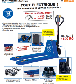 Transpalette électrique grande autonomie capacité 1500kg Transpalette électrique grande autonomie capacité 1500kg