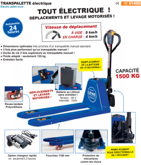 Transpalette électrique grande autonomie capacité 1500kg